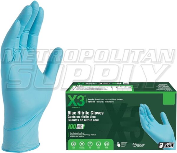 X3 Blue PF Nitrile Industrial Gloves Large 100/Pkg